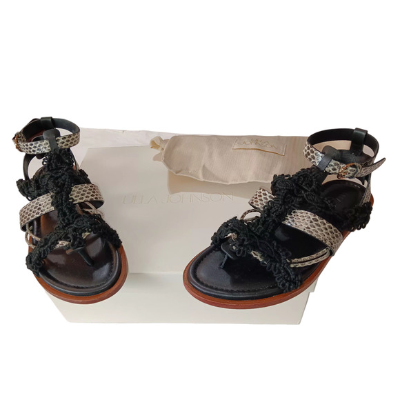 ULLA JOHNSON Petra Sandals Raven 6/36 Flats Black Snake Print Strappy Macramé - Picture 7 of 10